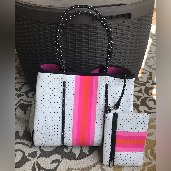 NEOPRENE TOTE, White with Pink & Orange Stripe, detachable pouch, beach tote - Picture 8 of 12